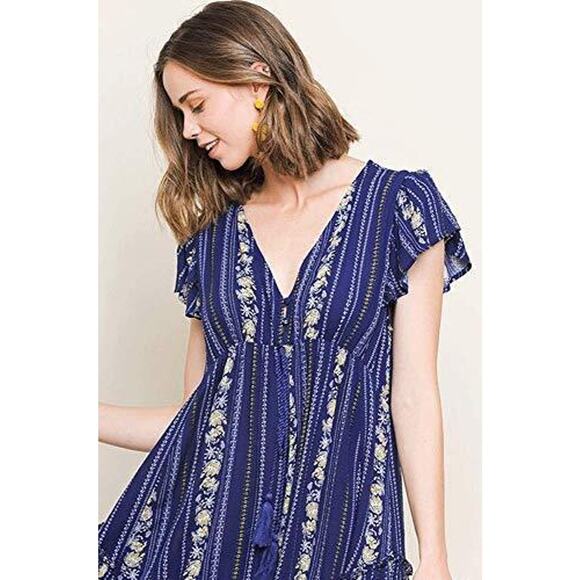 Umgee Women's V Neck Flutter Short Sleeve Bohemian Dress L5329 - Navy NEW - Picture 2 of 3